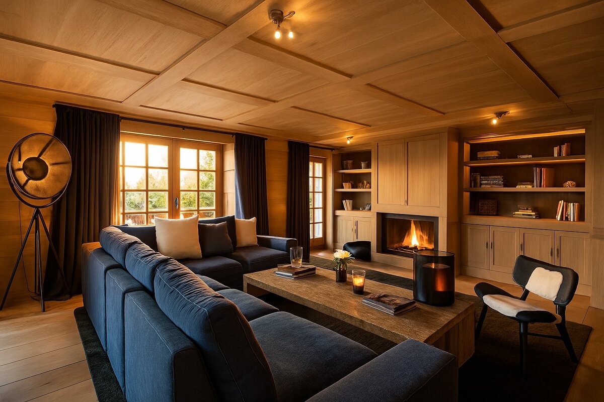A living room with a blue couch and a fireplace