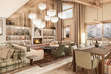 A living room with a fireplace and a dining table