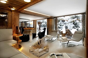 Luxurious spa-like room with wood paneling, modern lounge chairs, and panoramic windows overlooking a serene, snow-covered forest.