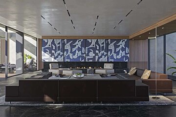 A sleek, modern living room with abstract blue wall art above a fireplace, dark sofas, light chairs, and a polished black marble floor.