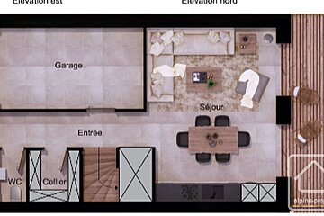 Overhead floor plan rendering showing a garage, entry, WC, pantry, open-concept living, dining, kitchen area, and an outdoor deck.