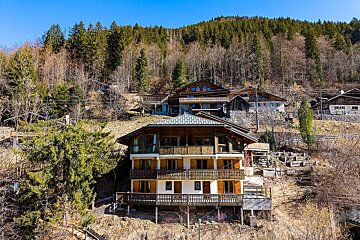 Traditional alpine chalets on a sunny, forested hillside under a clear blue sky.