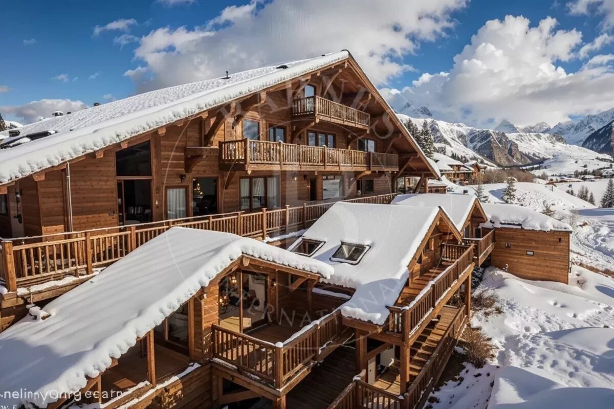A grand, multi-level wooden chalet covered in snow, featuring balconies, nestled in a vast snowy mountain landscape under a bright blue sky.