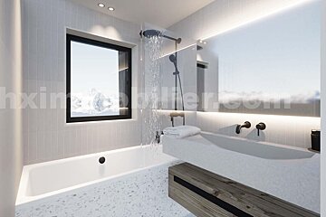 A chic, minimalist bathroom in white, featuring a running shower, bathtub with a mountain view, floating wood vanity, backlit mirror, and speckled floor.