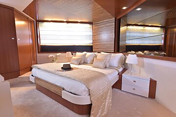 A bedroom with a large bed and a hat on it