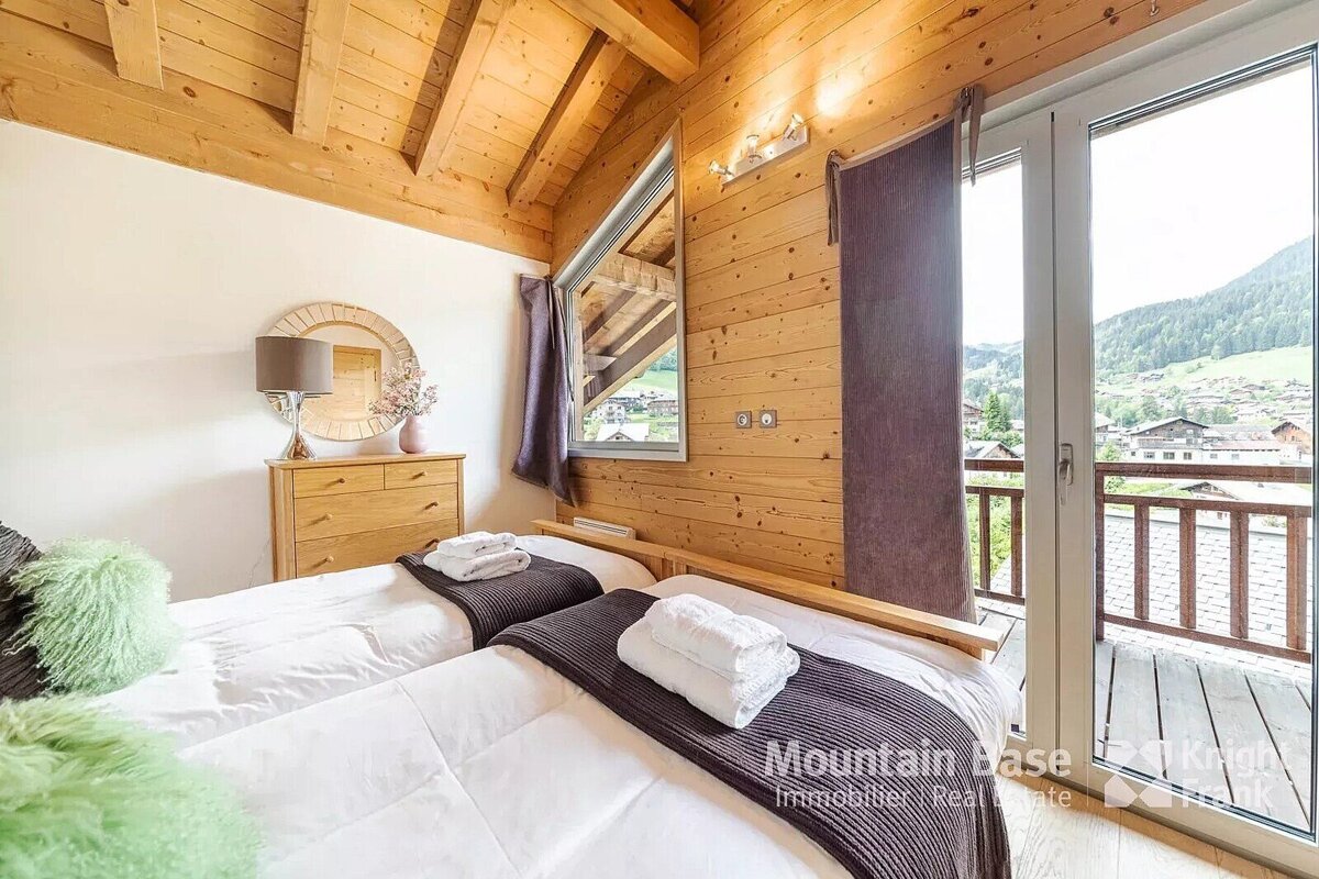 A bedroom with two beds and the word mountain base on the bottom
