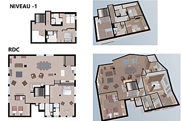 A wooden deck with a table and chairs and mountains in the background
