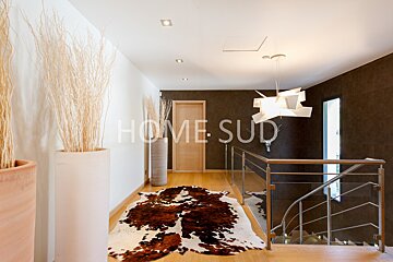 A hallway with a cowhide rug and a sign that says home sud