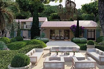 An artist 's impression of a patio area in front of a house
