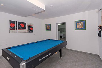 A pool table with a blue cloth and the word geological on it