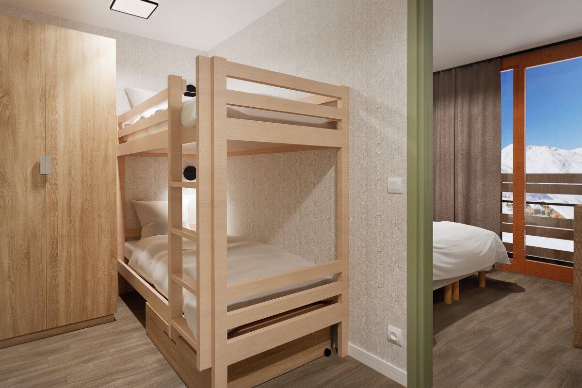 Modern room with a light wood bunk bed, wardrobe, and a view of snowy mountains from an adjoining balcony.