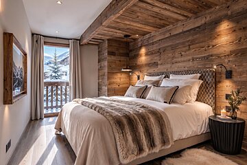 Cozy chalet bedroom with warm wood paneling, a plush bed with a fur throw, and a window opening to a snowy mountain view.