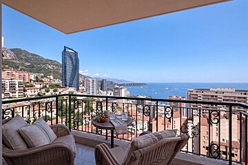 A balcony with comfortable chairs overlooking the city of Monaco and the Mediterranean Sea under a bright blue sky.