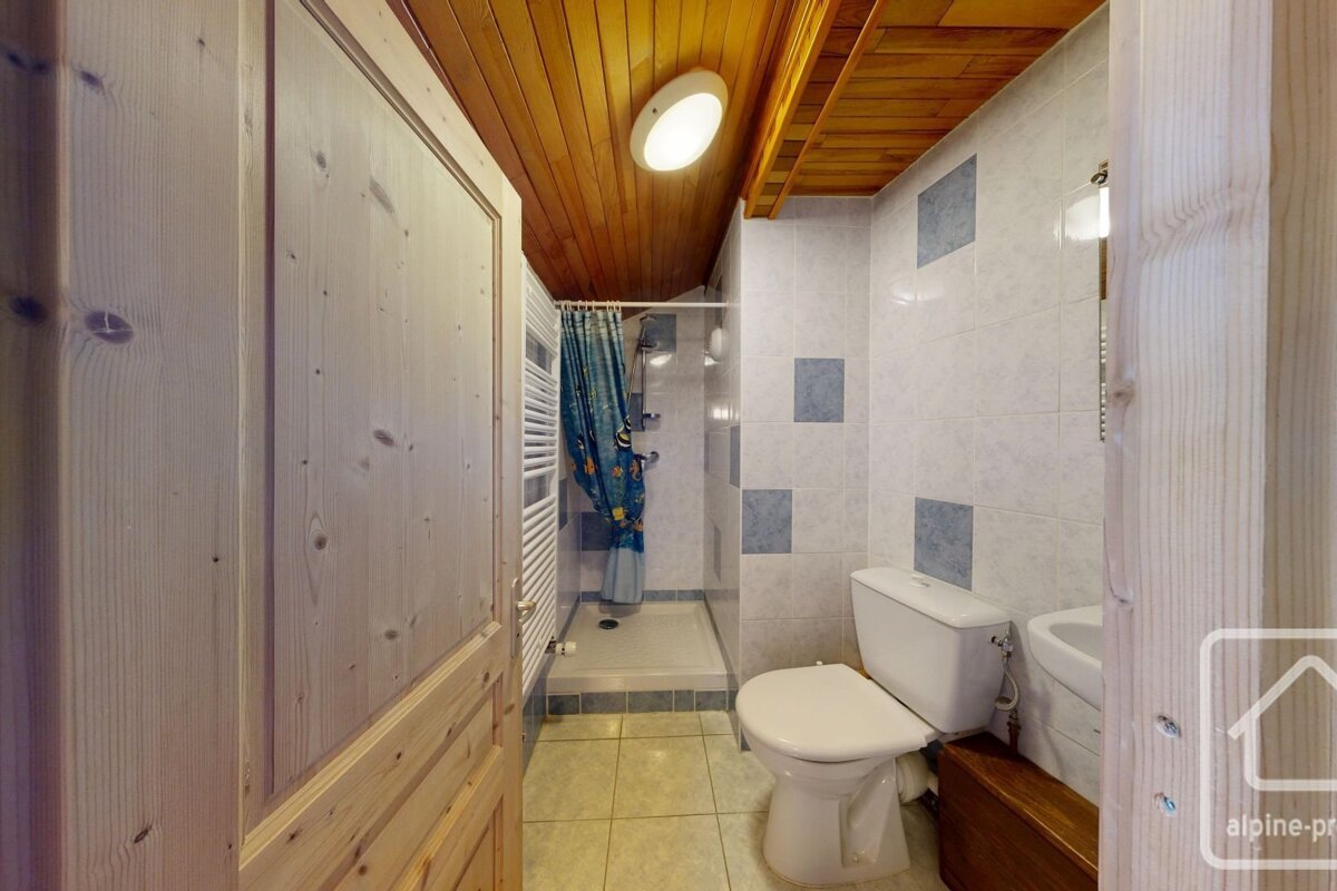 A small bathroom with tiled walls, a toilet, a shower stall, and a wooden ceiling viewed through an open wooden doorway.