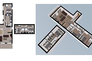 2D and 3D floor plans showing the layout of a modern apartment, including living areas, bedrooms, and bathrooms.