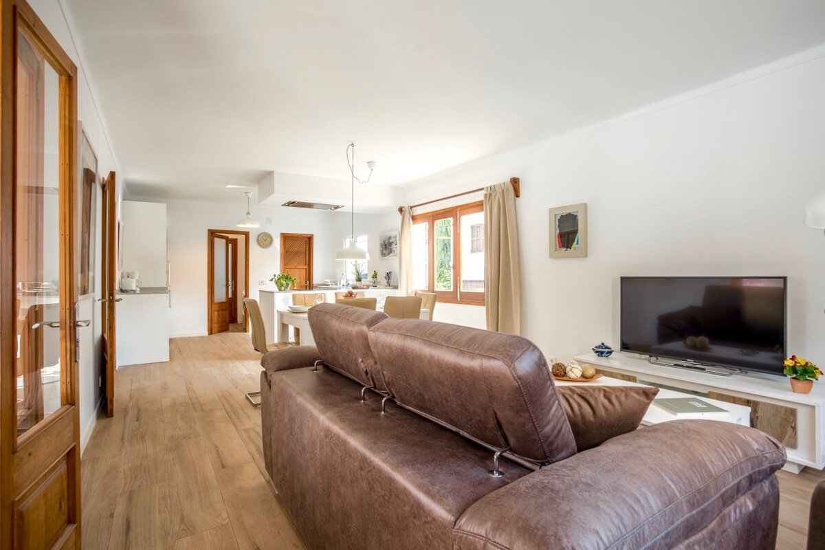 A living room with a brown couch and a flat screen tv