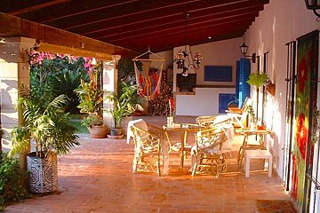 A patio with a hammock hanging from the ceiling