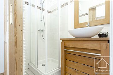 A bathroom with a sink and a shower with a sign that says alpine-property