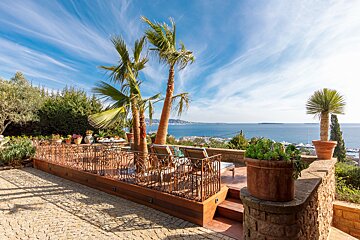 A patio with a view of the ocean and palm trees