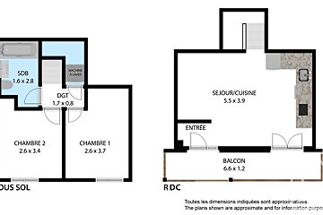 Two floor plans of a home in French, featuring a basement level (Sous Sol) and ground floor (RDC) with room dimensions.