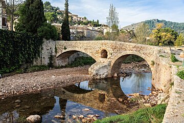A stone bridge over a river with houses in the background