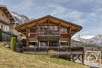 A large wooden house with mountains in the background is for sale by alpine property