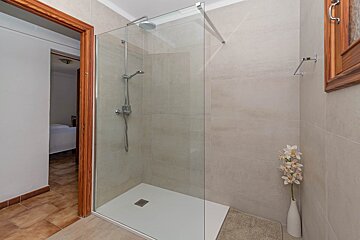 A bathroom with a walk in shower and a vase of flowers