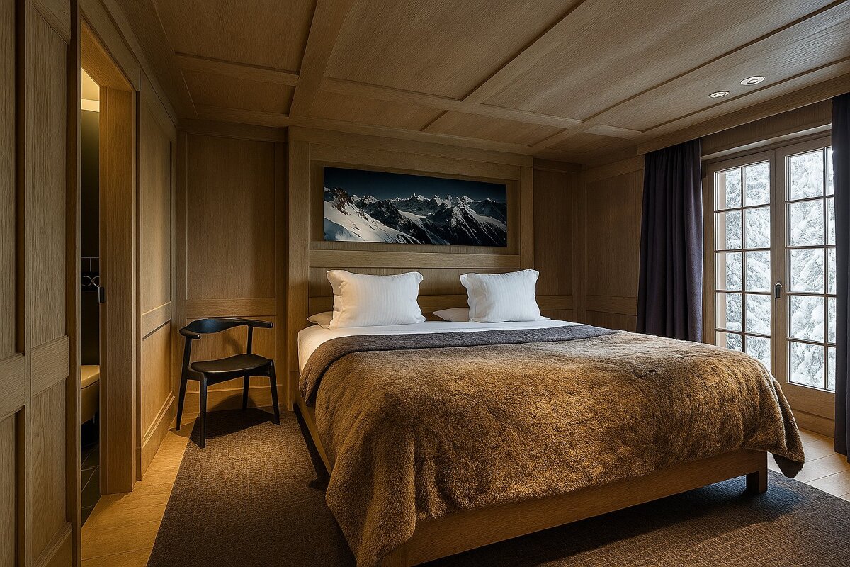 A bedroom with a large picture of mountains above the bed