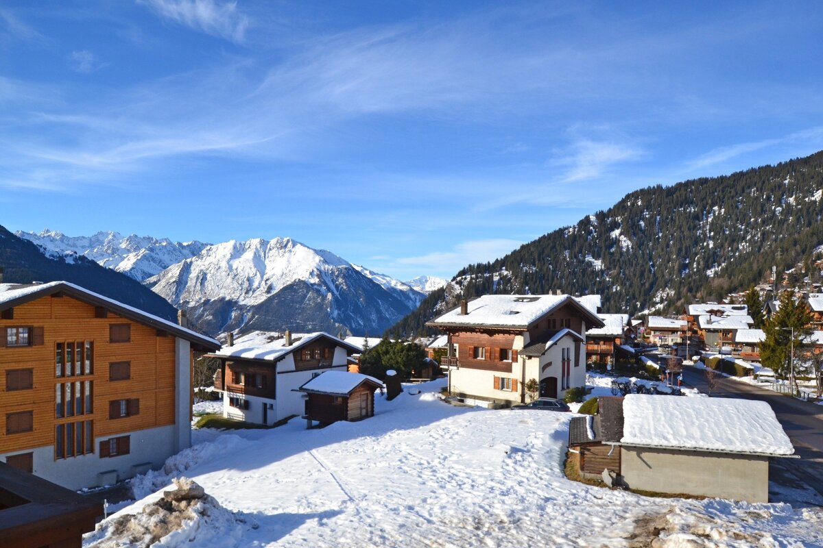 A snowy village with a mountain in the background