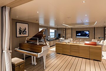 A living room with a piano and a television