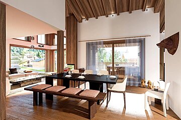 Spacious, modern chalet interior with an open-plan living and dining area, featuring warm wood accents, large windows, and subtle bear-themed decor.