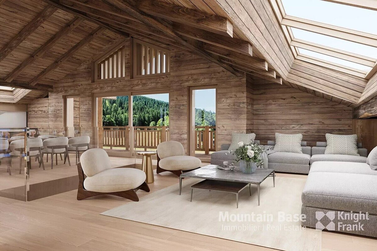 A living room with a couch and chairs and a sign that says mountain base knight frank