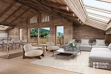 A living room with a couch and chairs and a sign that says mountain base knight frank