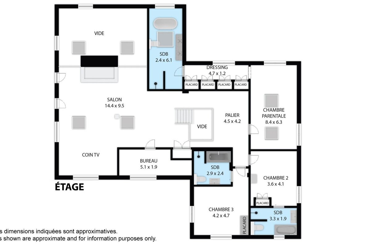 Floor plan of an upper story (ÉTAGE) with living room, 3 bedrooms, 3 bathrooms, office, dressing, and dimensions provided.