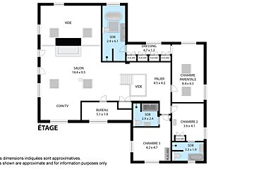 Floor plan of an upper story (ÉTAGE) with living room, 3 bedrooms, 3 bathrooms, office, dressing, and dimensions provided.