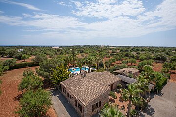 An aerial view of a house with a swimming pool
