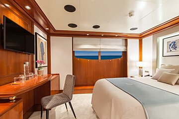 A bedroom with a large bed and a flat screen tv