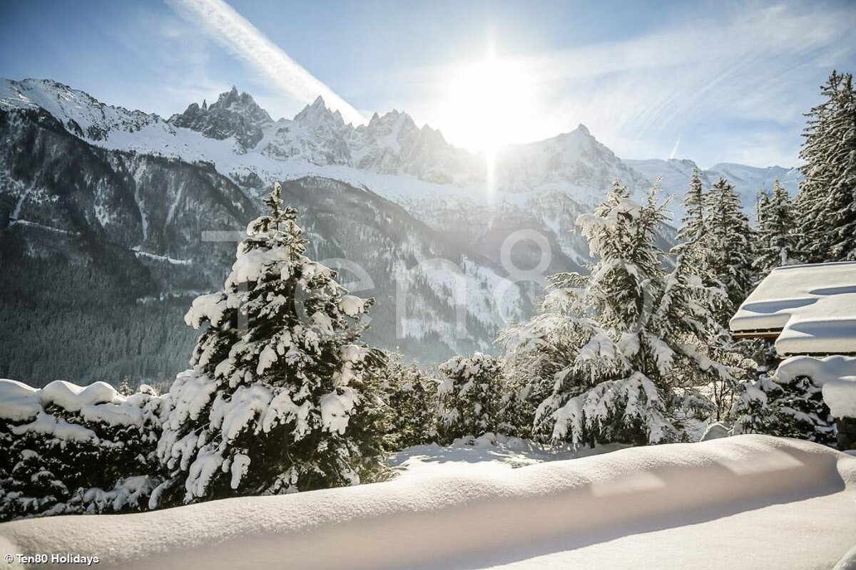 Snow covered trees with mountains in the background and the sun shining through the clouds