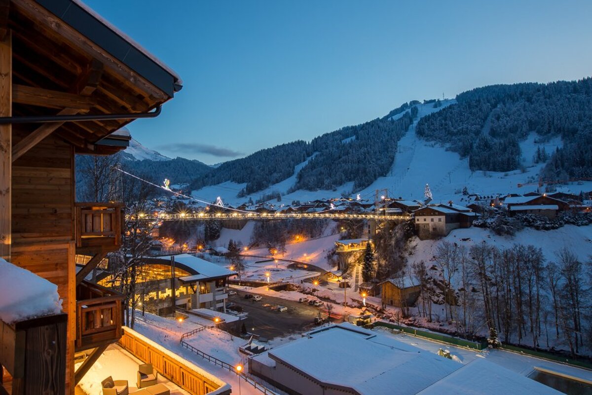 An aerial view of a ski resort at night