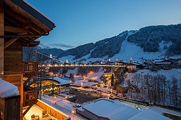 An aerial view of a ski resort at night