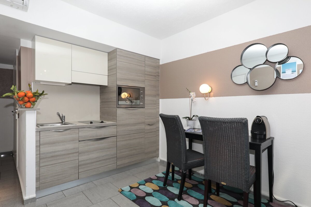 A small kitchen with two chairs and a table