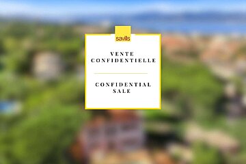 A Savills 'Confidential Sale' notice in a white box with a yellow border, set against a blurred background of green hills and blue water.