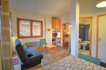 A cozy studio apartment with a sofa bed, TV, bunk beds, and bathroom. Features warm wooden tones and flooring throughout.