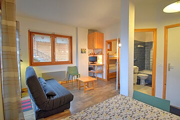A compact apartment interior with a dark sofa in the living area, a wooden bunk bed alcove, and a bathroom with a toilet and shower.