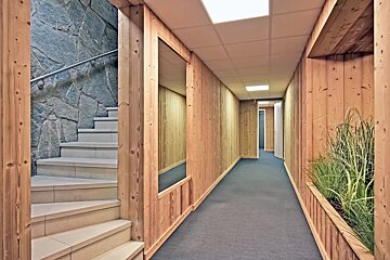 A modern wood-paneled hallway featuring stone steps on the left and a planter with tall green grass on the right.