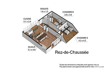 An isometric 3D floor plan of a 'Rez-de-Chaussée' (ground floor) featuring a kitchen, living room, ensuite, and two bedrooms with dimensions.