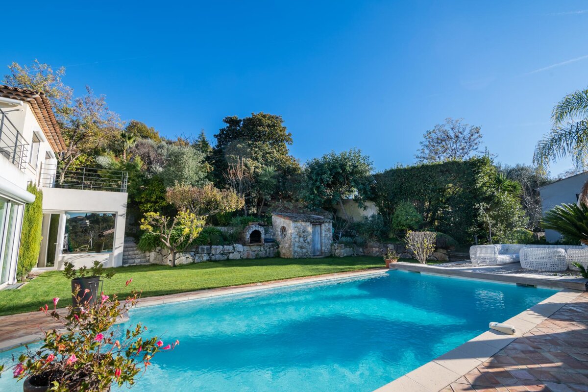 A large swimming pool in the backyard of a house