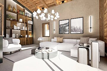 Modern chalet-style living room with a white sectional sofa, wooden bookshelf with a ladder, elegant chandelier, and rustic beamed ceiling.