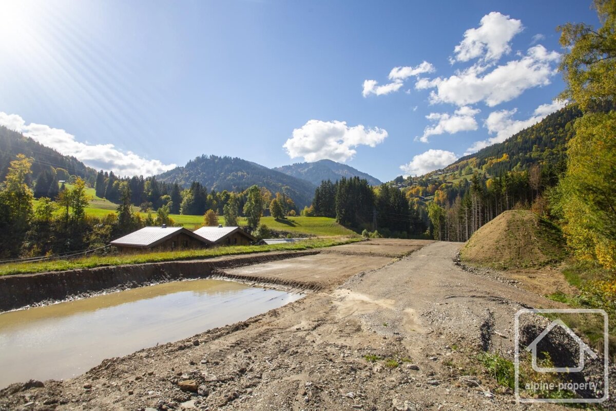 An alpine mountain landscape featuring a dirt path, a small pond, distant hills, and houses under a partly cloudy sky.