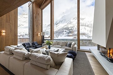 A living room filled with furniture and a fireplace with mountains in the background
